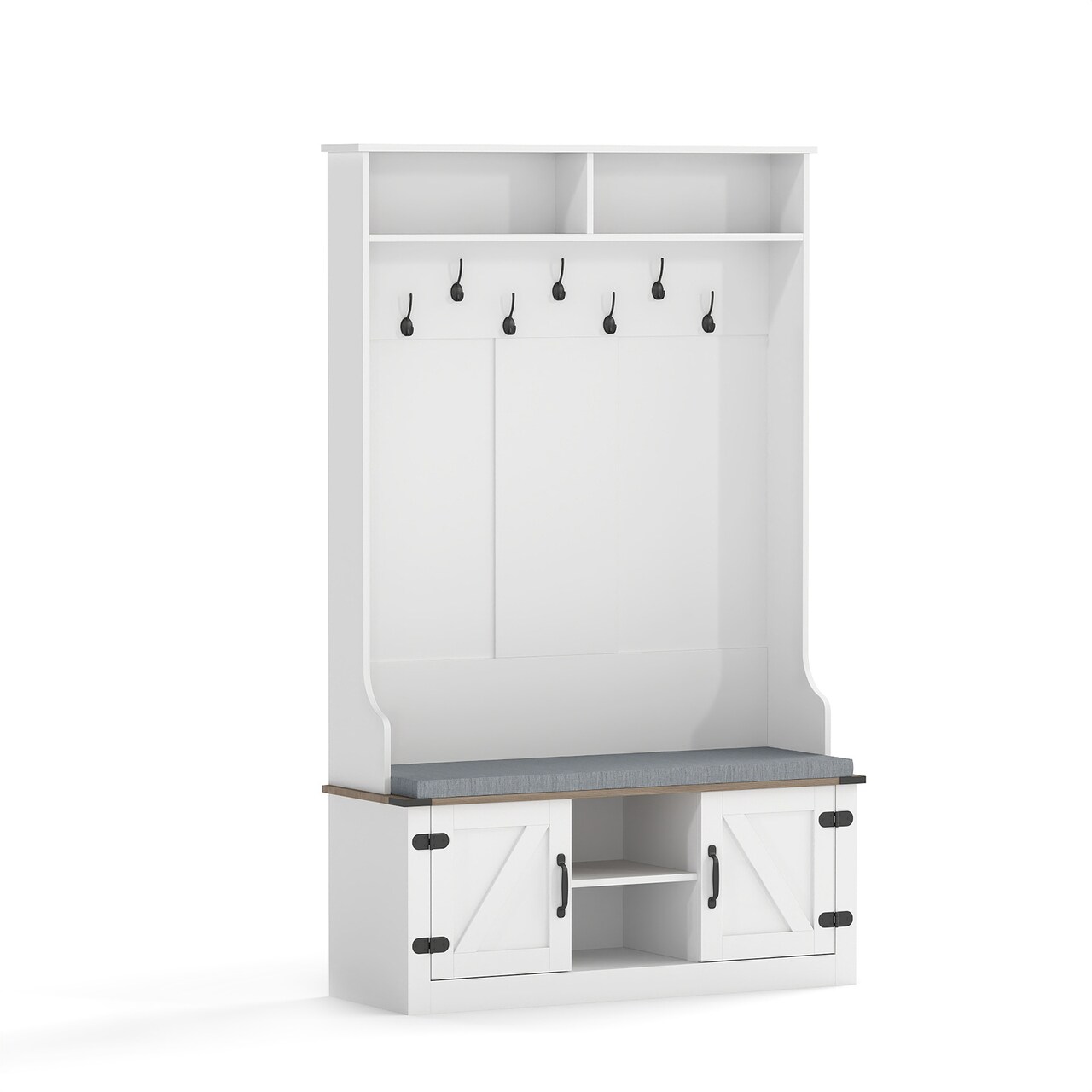 White Hall Tree with Shoe Bench Cushioned Seat Coat Rack Storage Cabinet